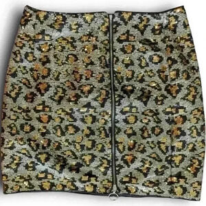 Sequin Mini Skirt Leopard Print O-Ring Small Zip Front Closure Lined Party Bling